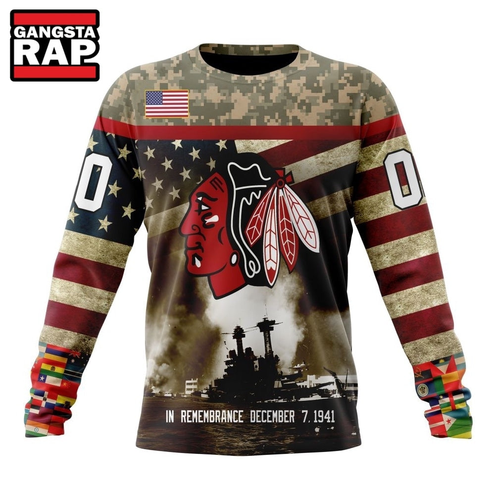 NHL Chicago BlackHawks Specialized Unisex Kits Remember Pearl Harbor Hoodie, T Shirt