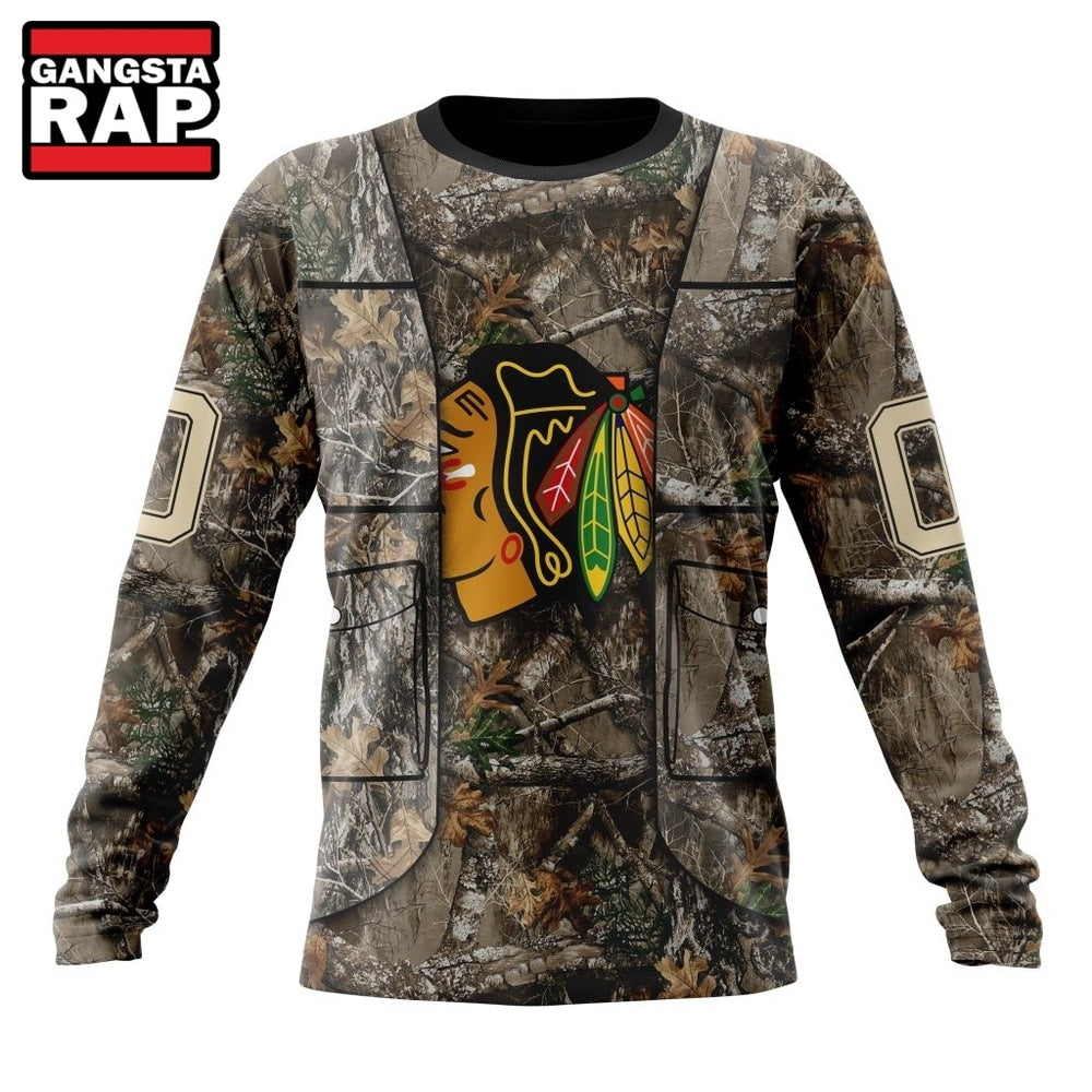 NHL Chicago BlackHawks Specialized Unisex Vest Kits With Realtree Camo Hoodie, T Shirt
