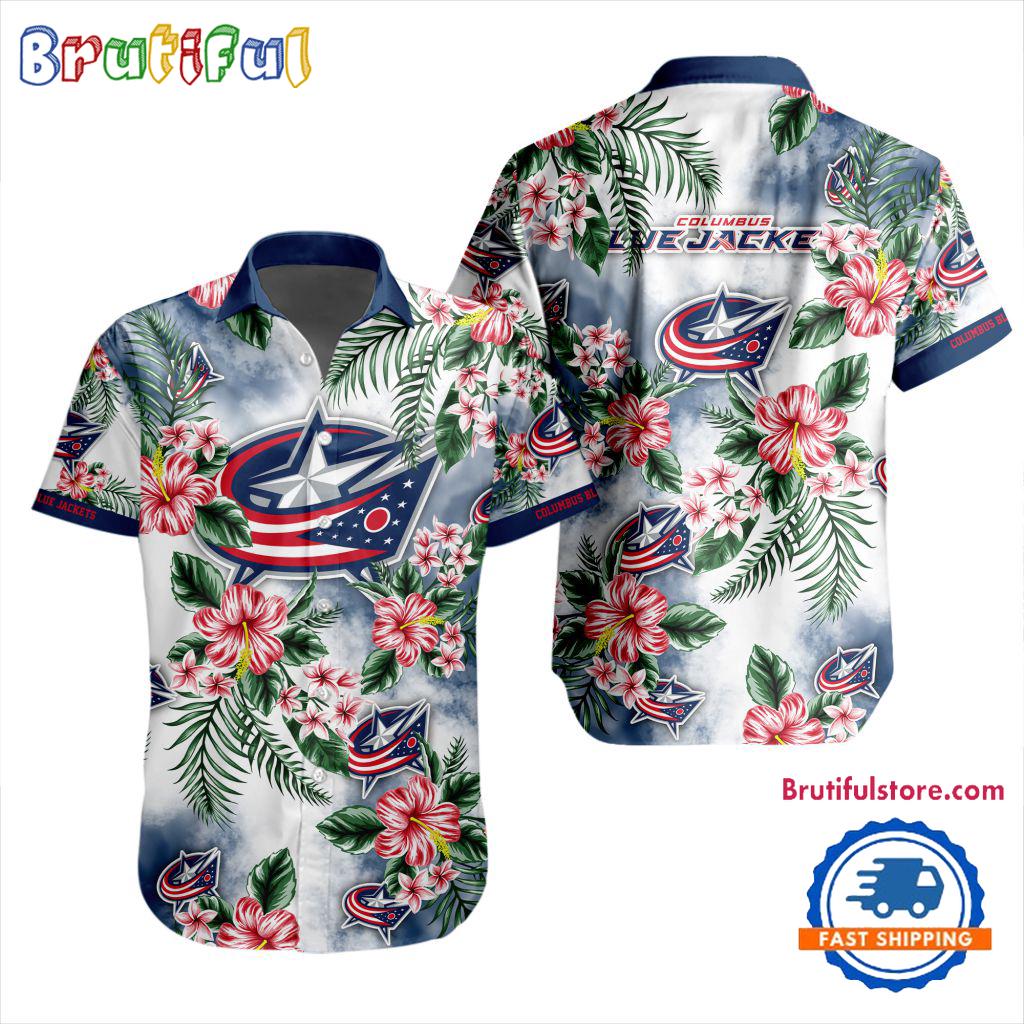 NHL Columbus Blue Jackets Hockey Tropical Flower Hawaiian Design Button Shirt
