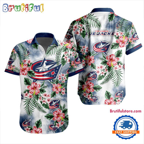 NHL Columbus Blue Jackets Hockey Tropical Flower Hawaiian Design Button Shirt