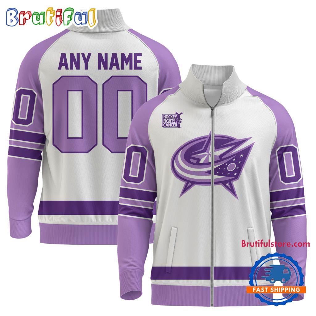 NHL Columbus Blue Jackets Special Hockey Fight Cancer Standing Neck Zipper Jacket