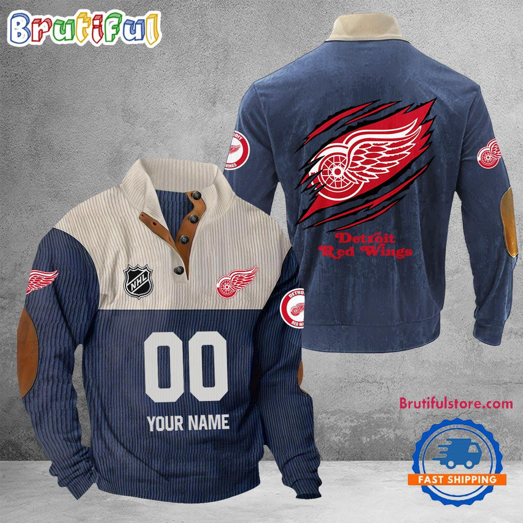 NHL Detroit Red Wings Hockey Team Custom Name And Number Buttoned Collar Sweatshirt