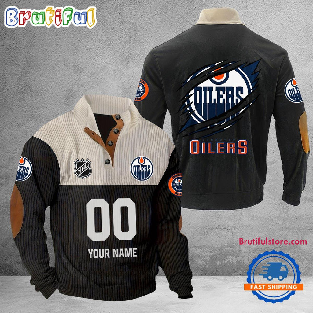 NHL Edmonton Oilers Hockey Team Custom Name And Number Buttoned Collar Sweatshirt
