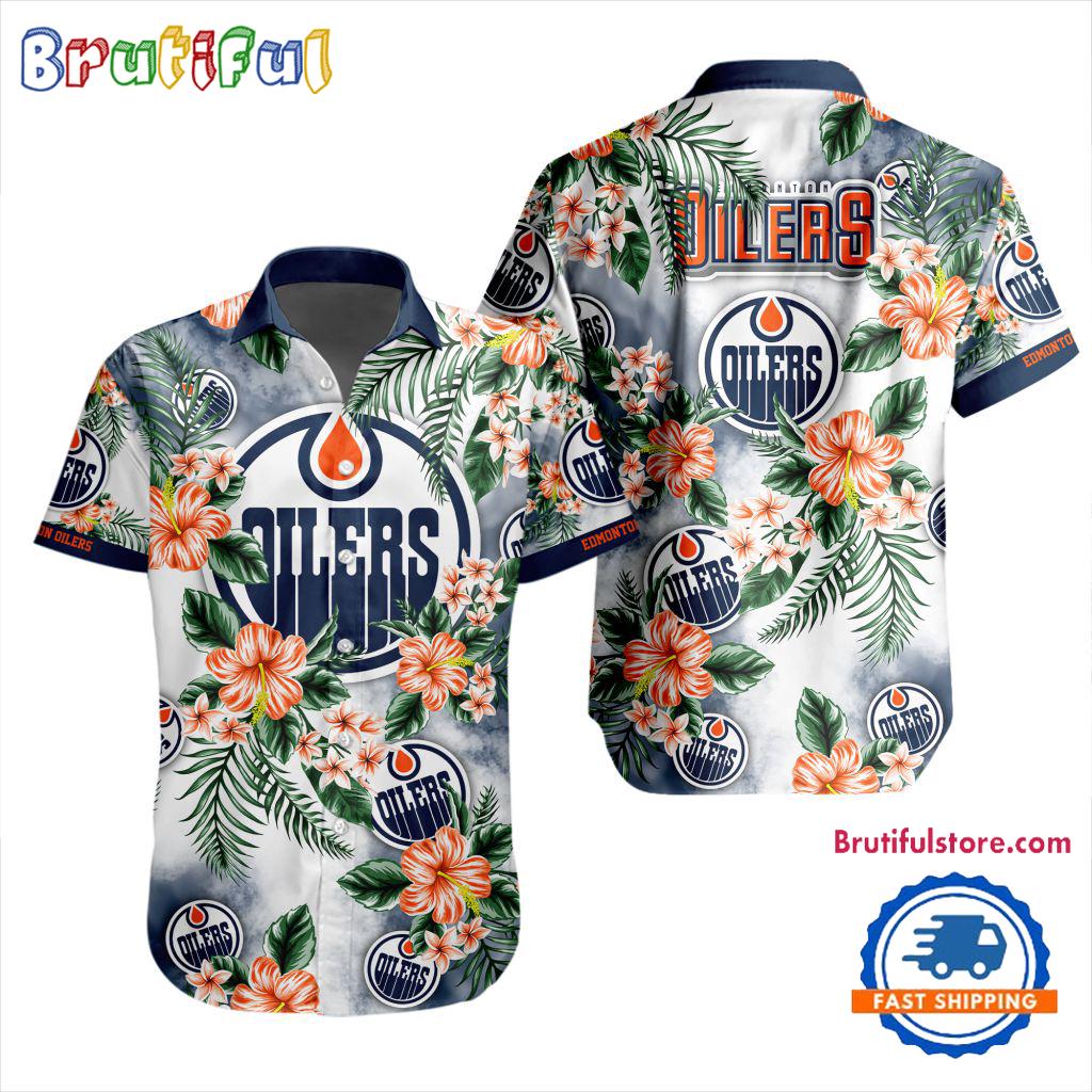 NHL Edmonton Oilers Hockey Tropical Flower Hawaiian Design Button Shirt