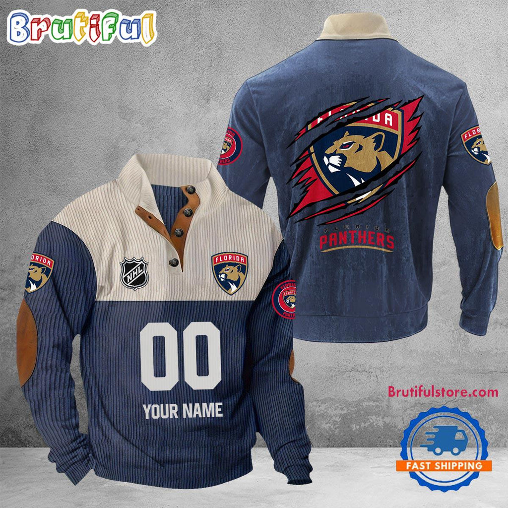 NHL Florida Panthers Hockey Team Custom Name And Number Buttoned Collar Sweatshirt