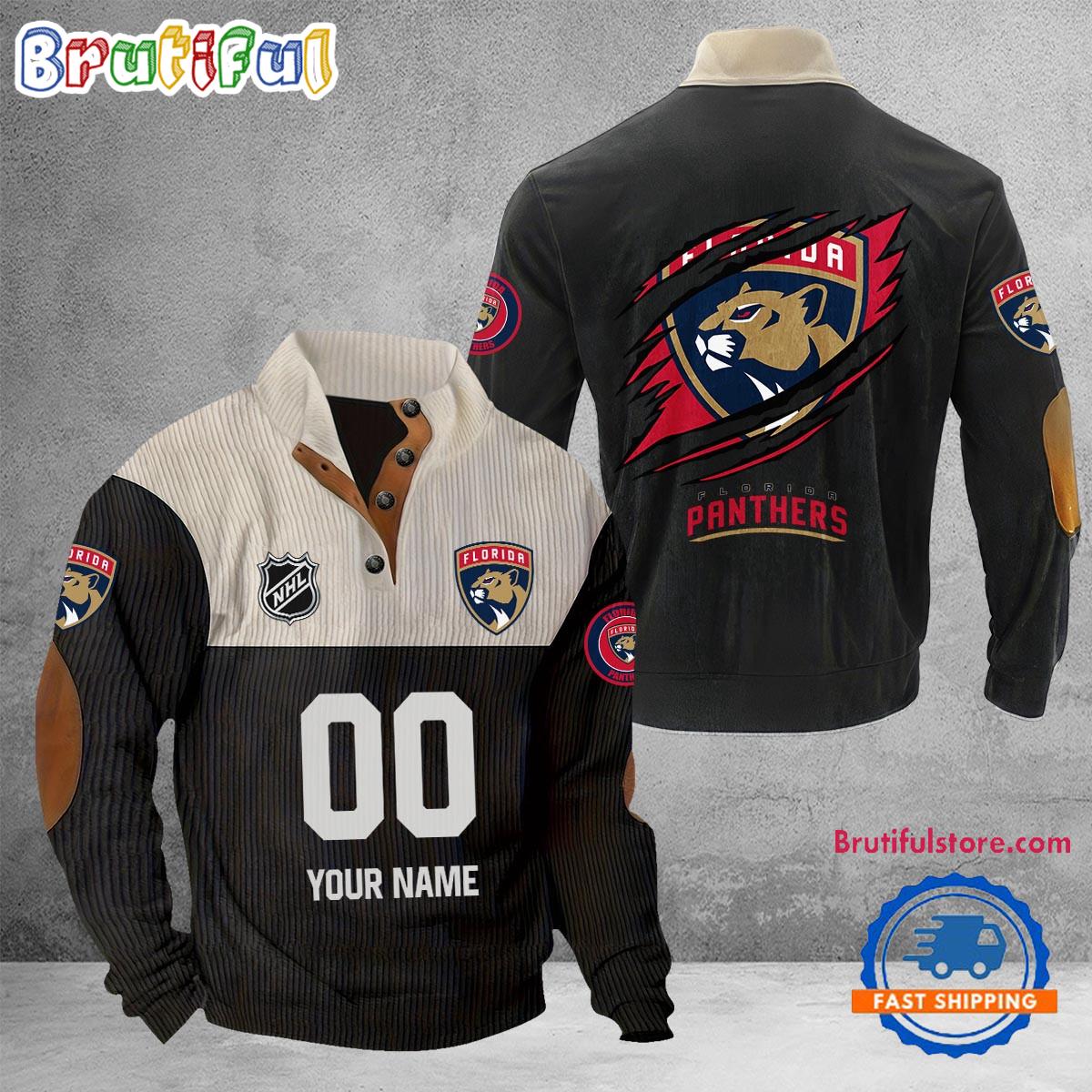 NHL Florida Panthers Hockey Team Custom Name And Number Buttoned Collar Sweatshirt
