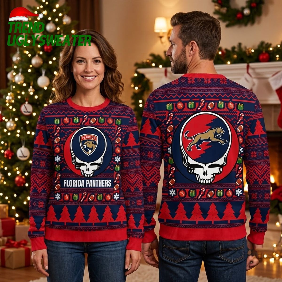 NHL Florida Panthers Ugly Sweater Grateful Dead Ugly Christmas Fleece Sweater