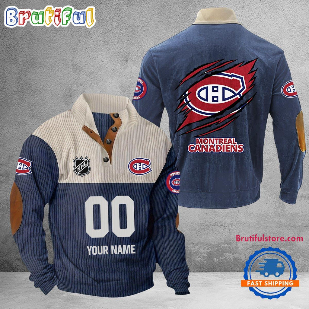NHL Montreal Canadiens Hockey Team Custom Name And Number Buttoned Collar Sweatshirt