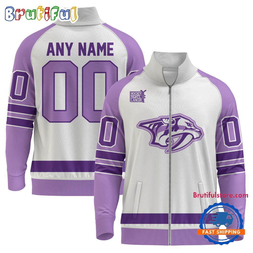 NHL Nashville Predators Special Hockey Fight Cancer Standing Neck Zipper Jacket