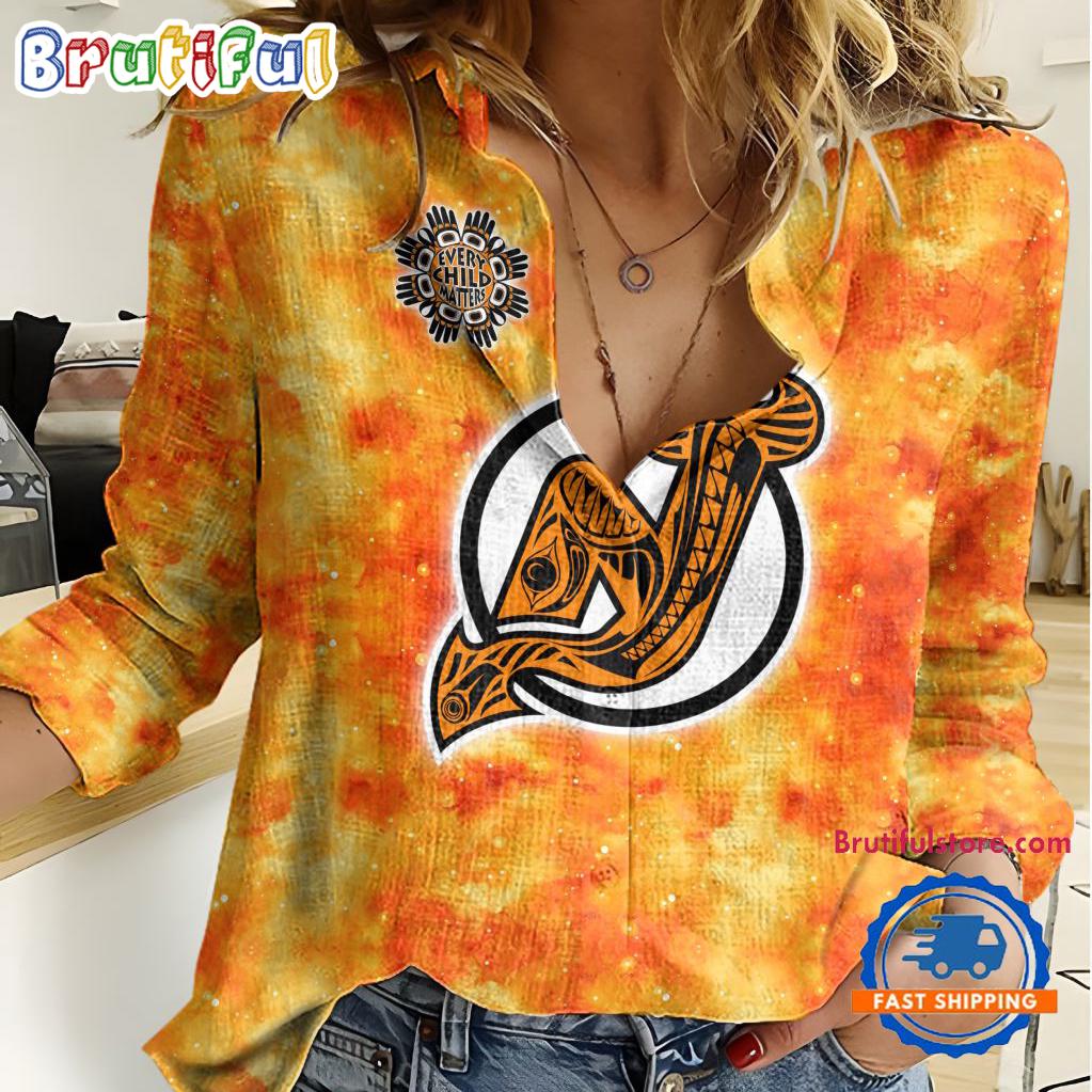 NHL New Jersey Devils Hockey Team Orange Design Women’s Casual Shirt