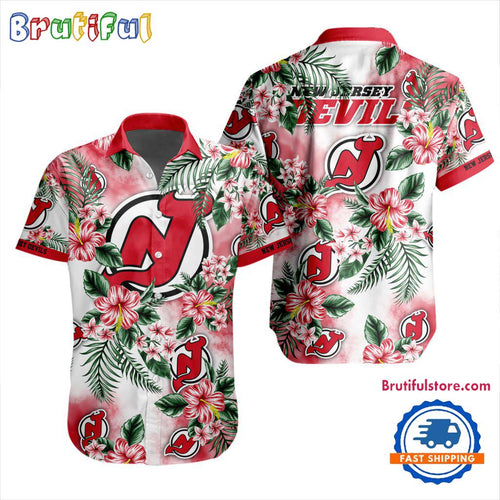 NHL New Jersey Devils Hockey Tropical Flower Hawaiian Design Button Shirt