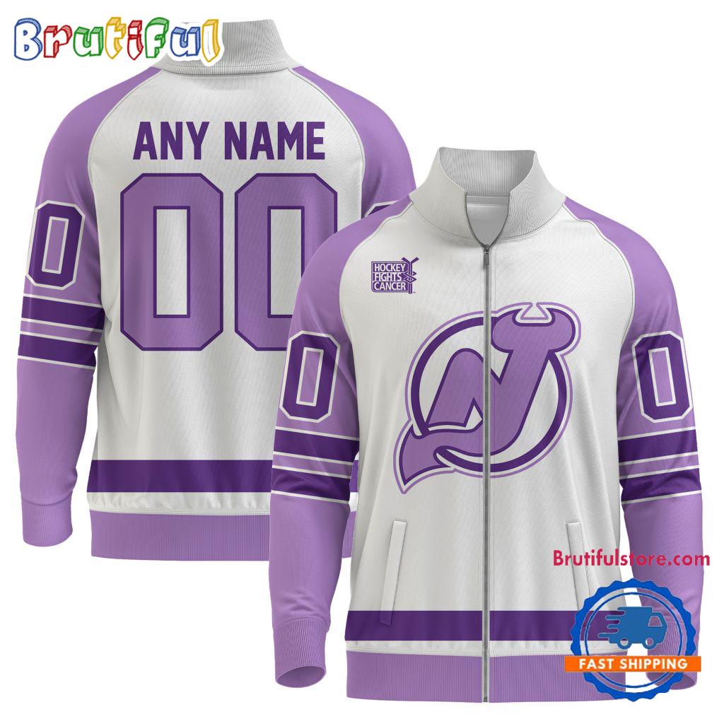 NHL New Jersey Devils Special Hockey Fight Cancer Standing Neck Zipper Jacket