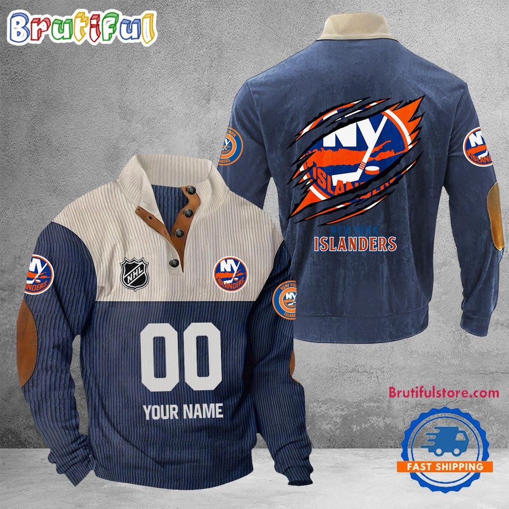 NHL New York Islanders Hockey Team Custom Name And Number Buttoned Collar Sweatshirt