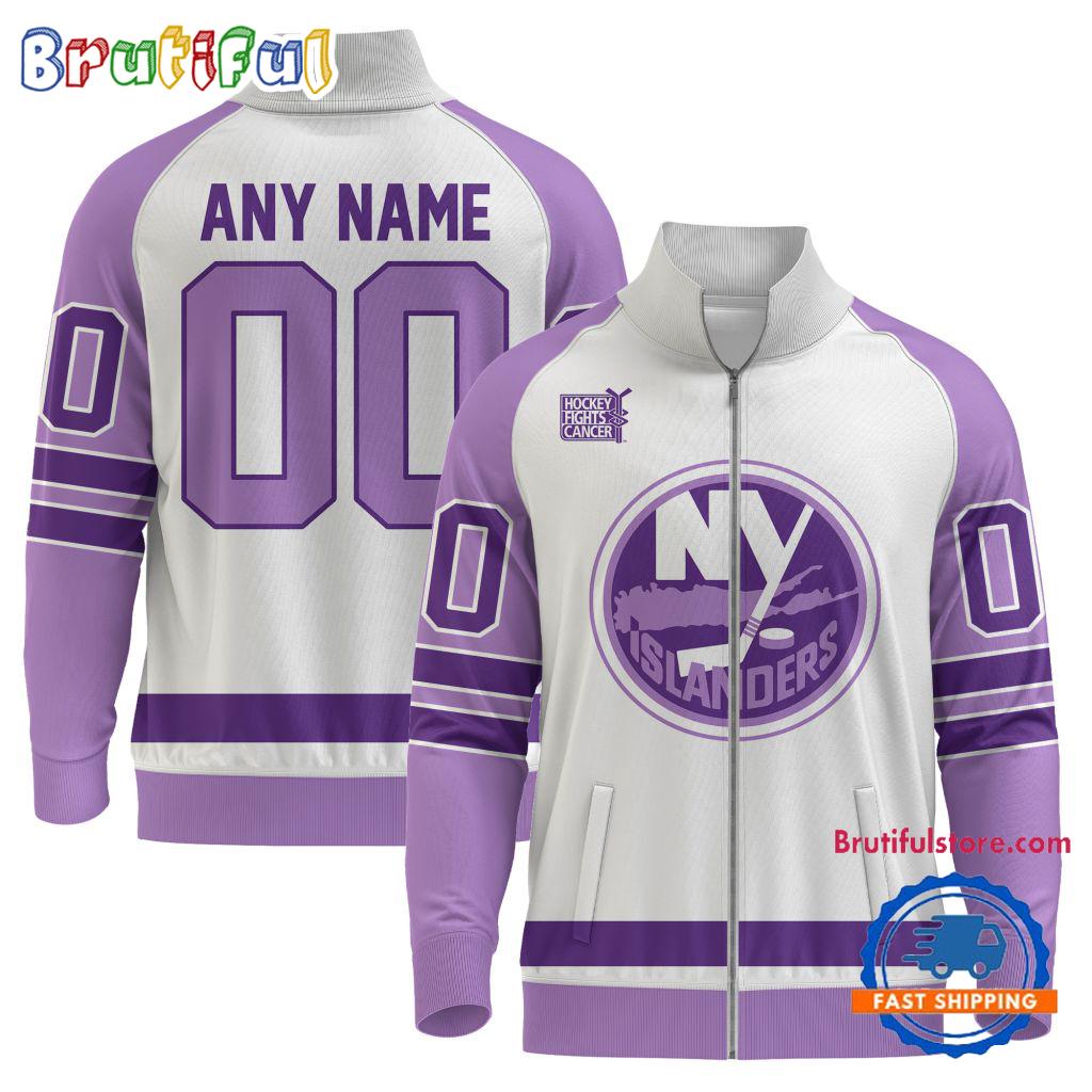 NHL New York Islanders Special Hockey Fight Cancer Standing Neck Zipper Jacket