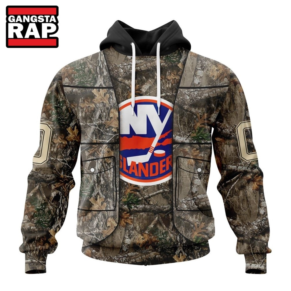 NHL New York Islanders Specialized Unisex Vest Kits With Realtree Camo Hoodie, T Shirt