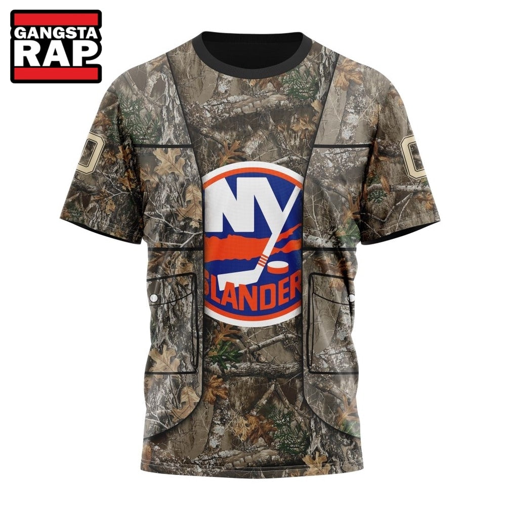NHL New York Islanders Specialized Unisex Vest Kits With Realtree Camo Hoodie, T Shirt