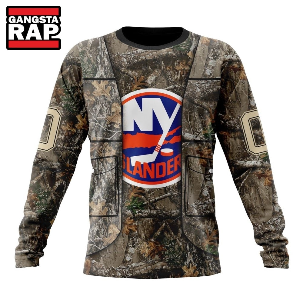 NHL New York Islanders Specialized Unisex Vest Kits With Realtree Camo Hoodie, T Shirt
