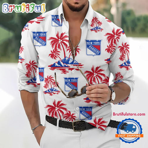 NHL New York Rangers Special Hockey Long Sleeve Hawaiian Design Button Shirt