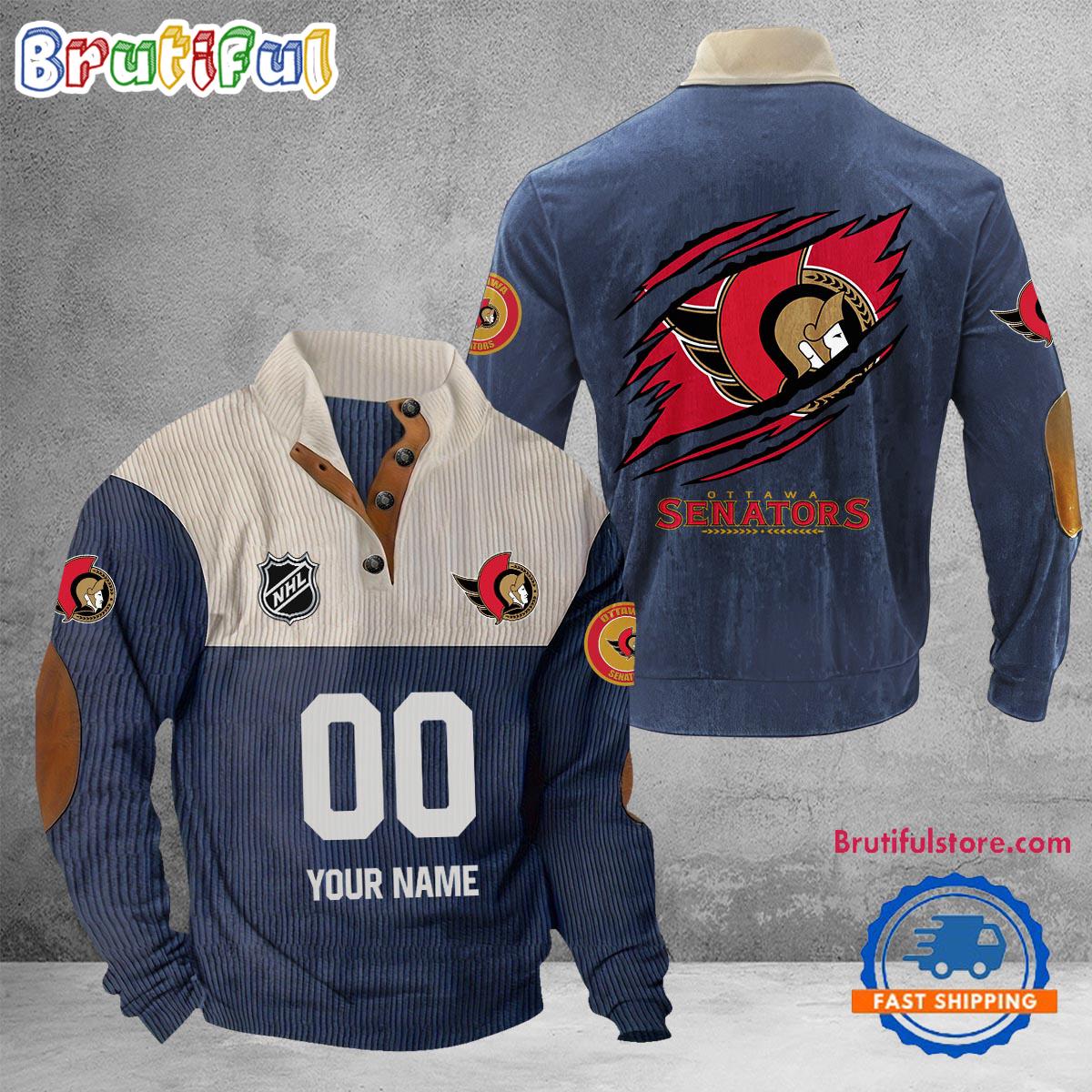NHL Ottawa Senators Hockey Team Custom Name And Number Buttoned Collar Sweatshirt
