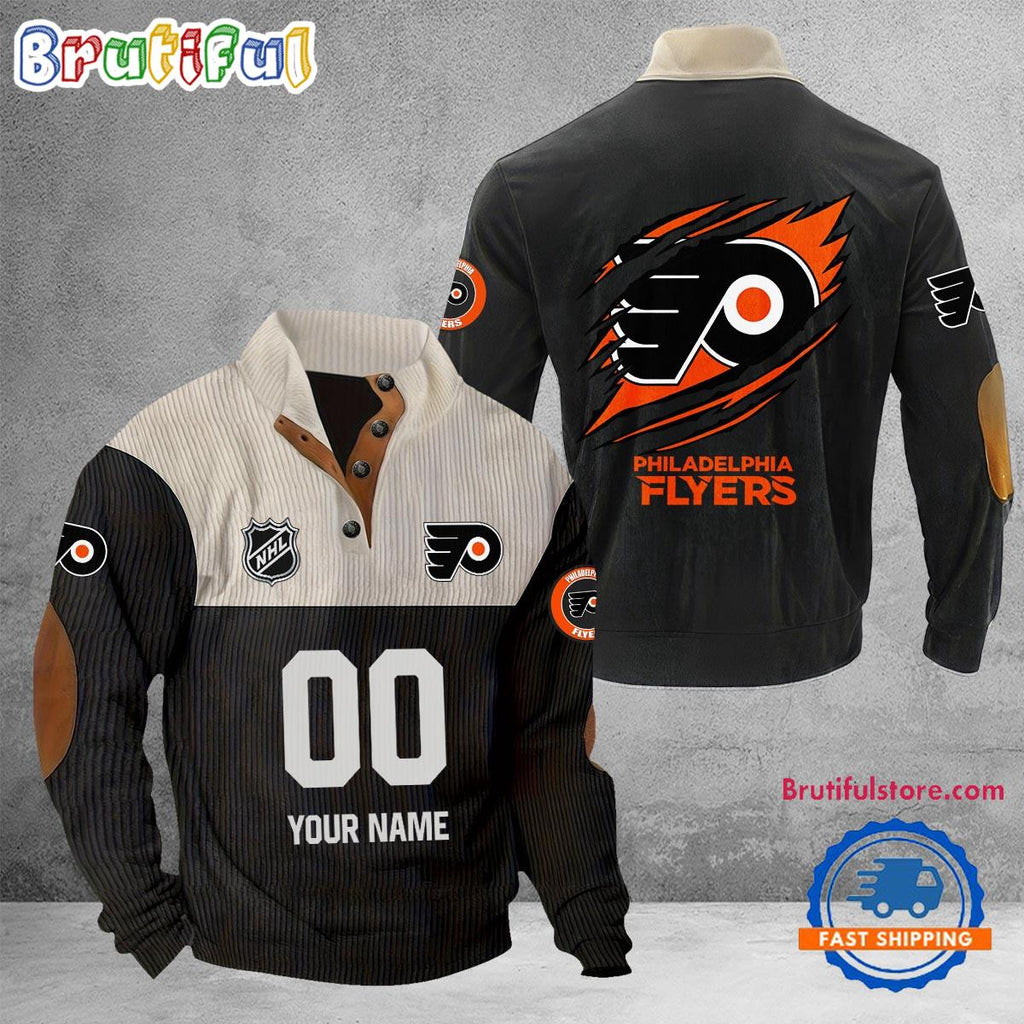 NHL Philadelphia Flyers Hockey Team Custom Name And Number Buttoned Collar Sweatshirt
