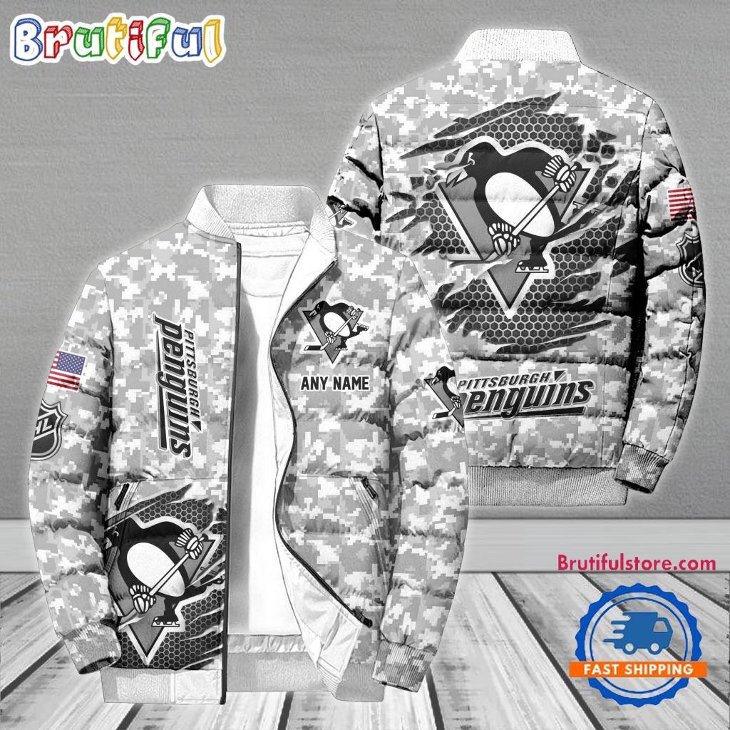NHL Pittsburgh Penguins Special Camo Honor Veterans Puffer Jacket, Hockey Team Design Jacket