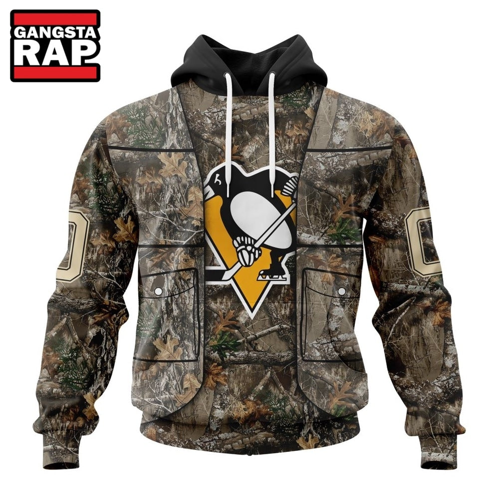 NHL Pittsburgh Penguins Specialized Unisex Vest Kits With Realtree Camo Hoodie, T Shirt