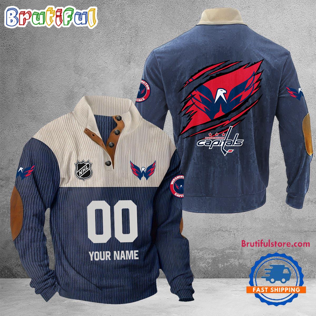 NHL Washington Capitals Hockey Team Custom Name And Number Buttoned Collar Sweatshirt