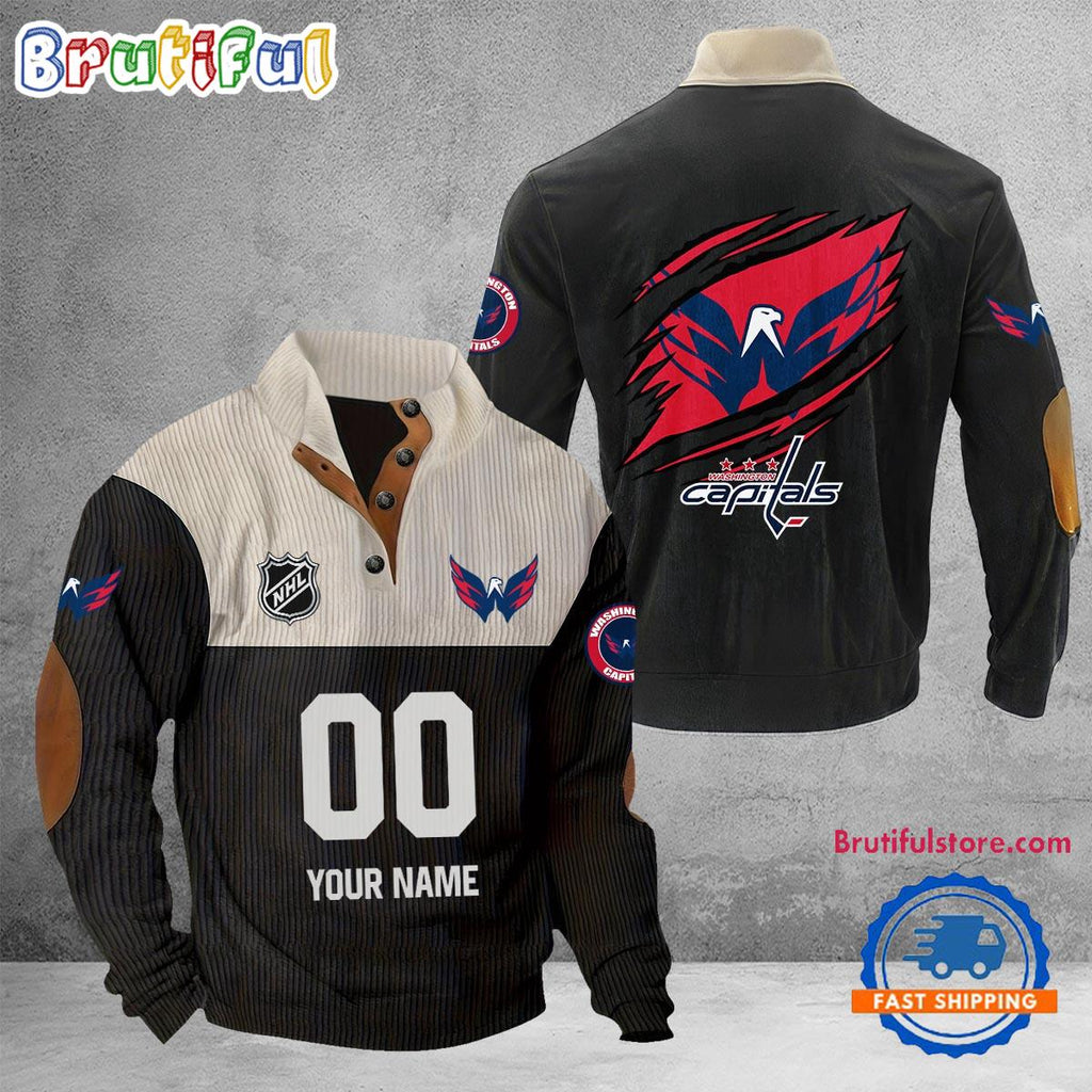 NHL Washington Capitals Hockey Team Custom Name And Number Buttoned Collar Sweatshirt