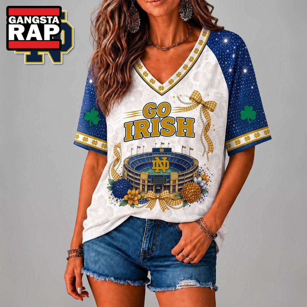 Notre Dame Fighting Irish NCAA Floral Stadium Bow V Neck 3D T Shirt