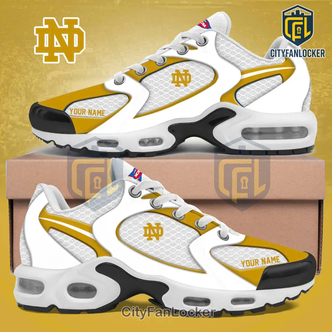 Notre Dame Fighting Irish Personalized Gold White Sneakers