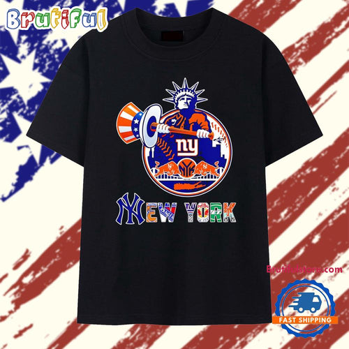 NY Yankees Mets Knicks Rangers Statue of Liberty logo T Shirt
