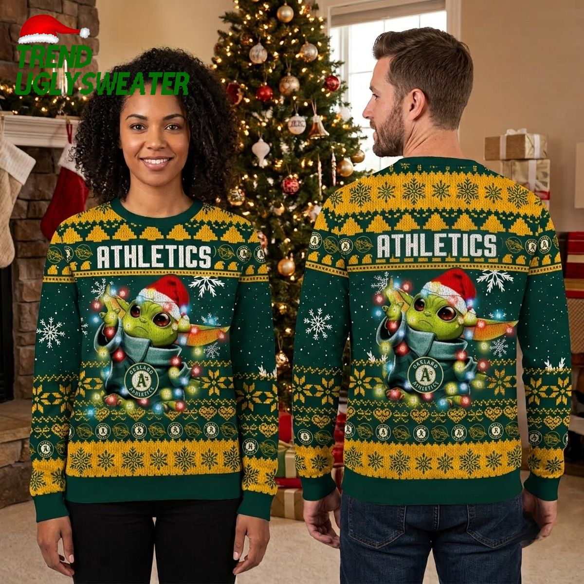 Oakland Athletics Baby Yoda Christmas Lights Ugly Christmas Sweater