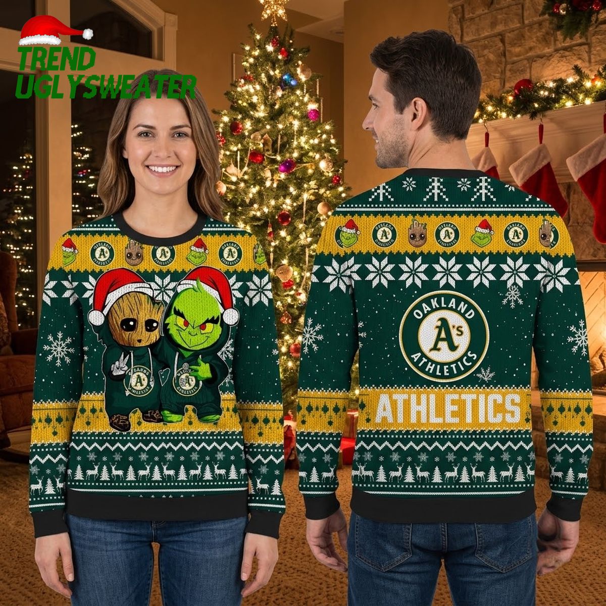 Oakland Athletics Groot And Grinch Santa Hat Ugly Christmas Sweater