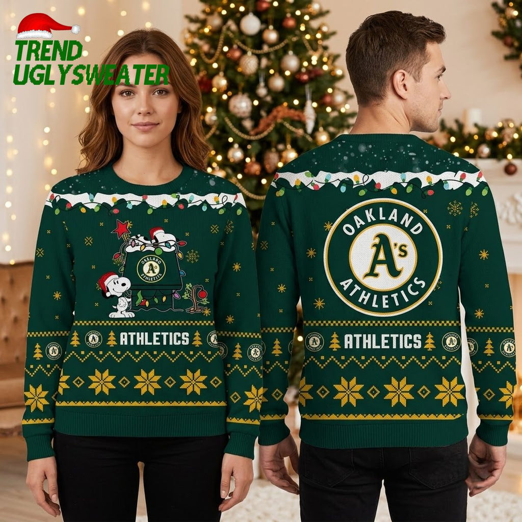 Oakland Athletics Snoopy Christmas Lights Ugly Christmas Sweater