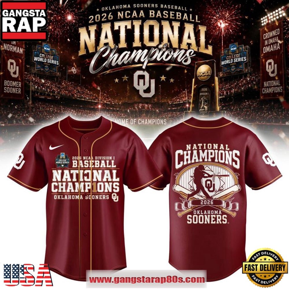Oklahoma Sooners National Champions NCAA Baseball 2026 Red Baseball Jersey