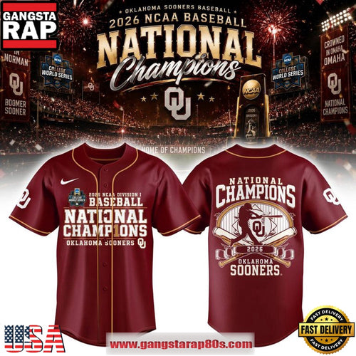Oklahoma Sooners National Champions NCAA Baseball 2026 Red Baseball Jersey