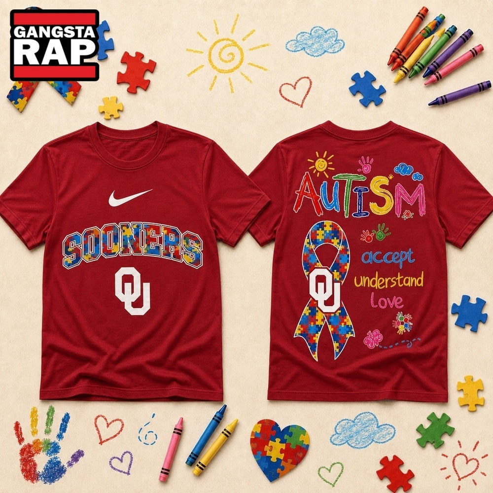 Oklahoma Sooners NCAA Autism Awareness Puzzle Ribbon Hoodie T-Shirt