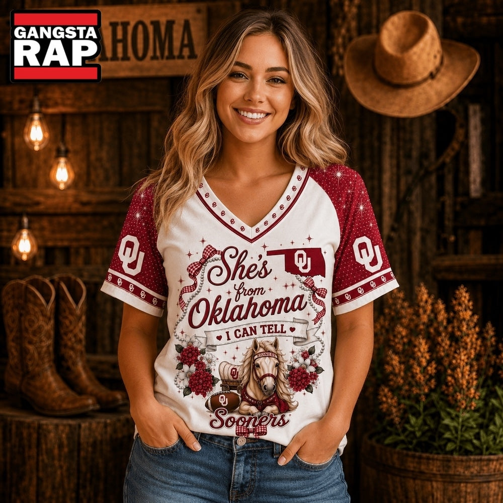 Oklahoma Sooners NCAA Bow and Floral Team Spirit V Neck T Shirt
