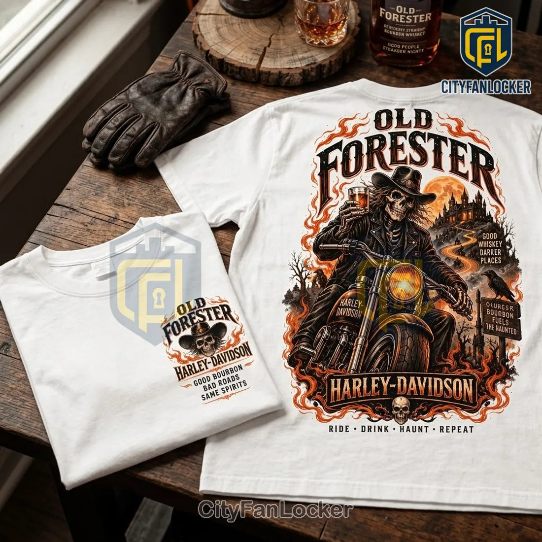 Old Forester Harley-Davidson Skeleton Rider White T-Shirt