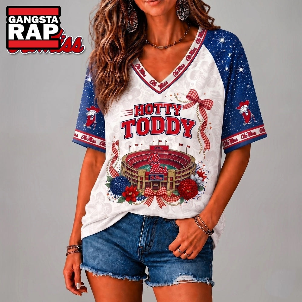 Ole Miss Rebels NCAA Floral Stadium Bow V Neck 3D T Shirt