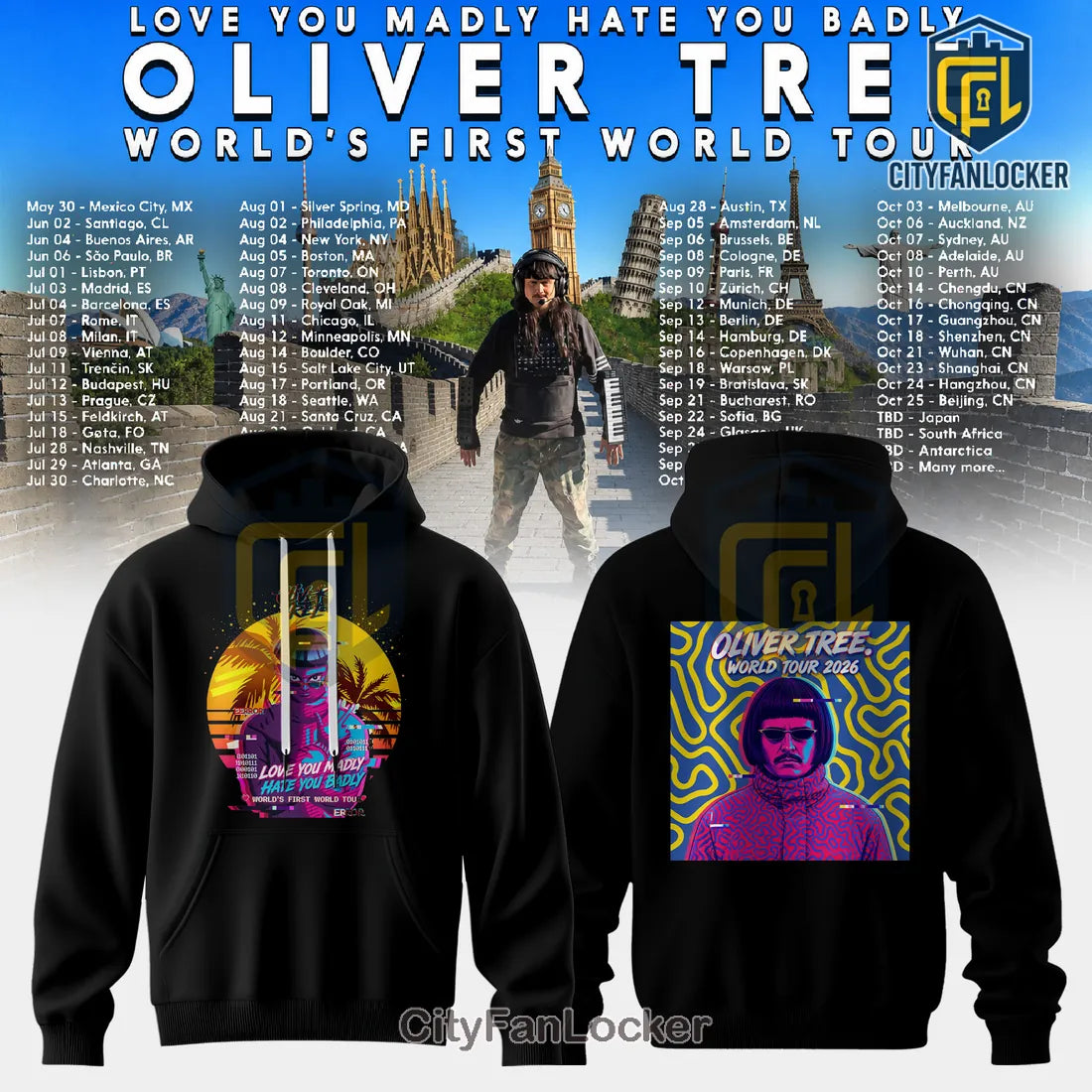 Oliver Tree World Tour 2026 Retro Glitch Art Black Hoodie
