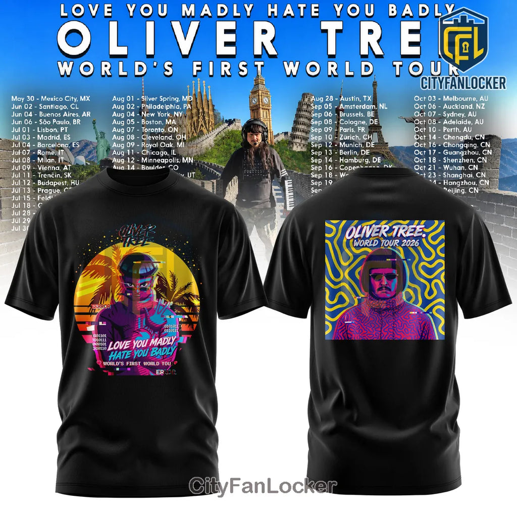 Oliver Tree World Tour 2026 Retro Glitch Art Black Hoodie