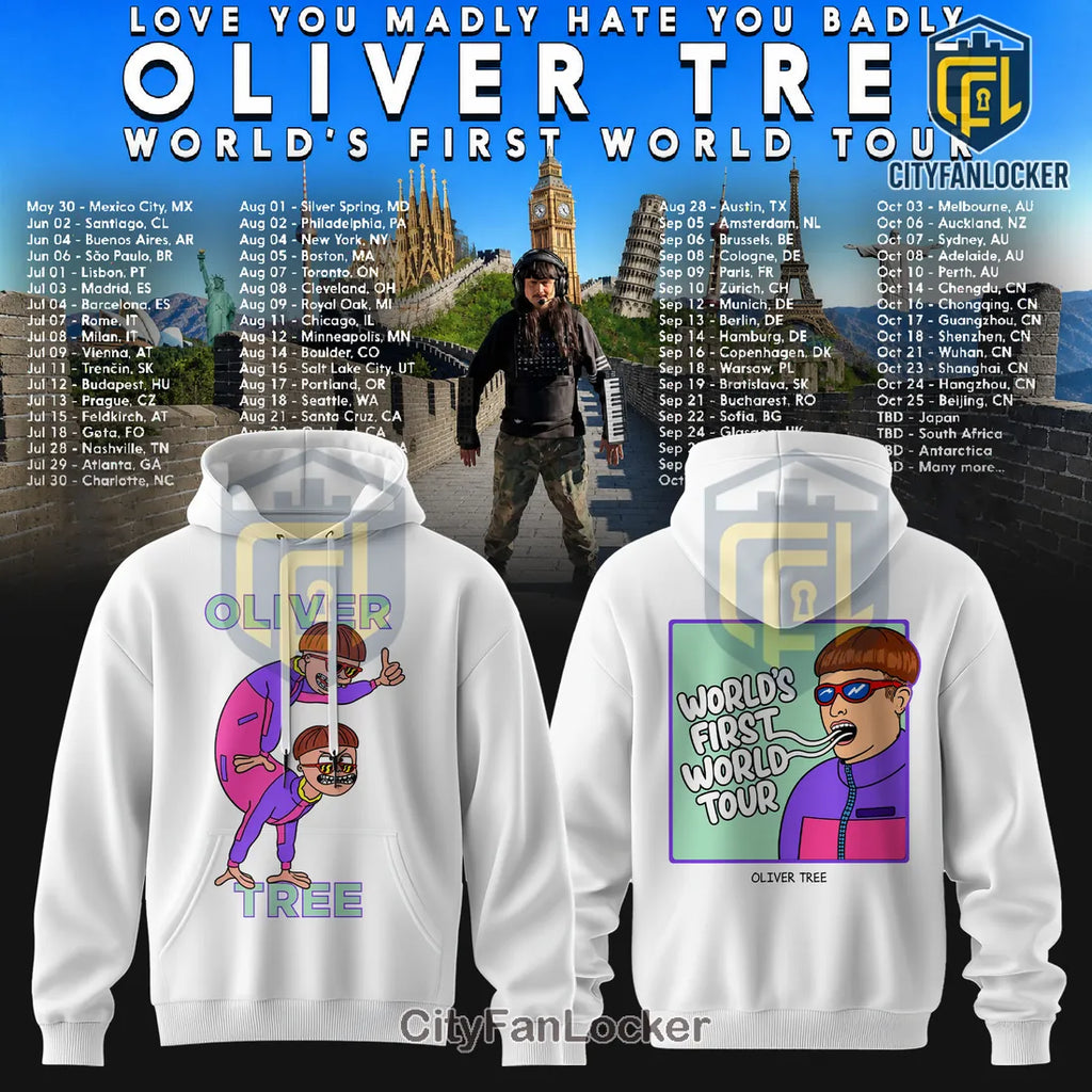 Oliver Tree World’s First Tour White Cartoon Hoodie 2026