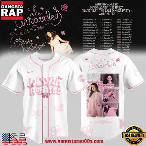 Olivia Rodrigo The Unraveled Tour 2026 White Baseball Jersey
