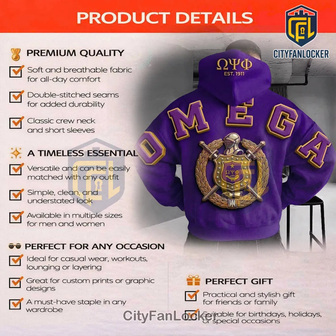 Omega Psi Phi Founders 1911 3D Letters Purple Gold Premium Hoodie