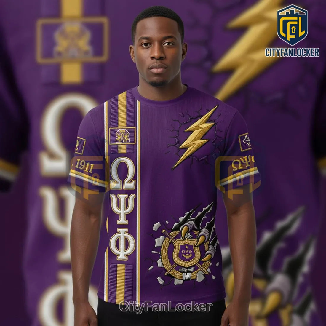 Omega Psi Phi Fraternity 3D Print Purple Gold Lightning Claw Marks T-Shirt