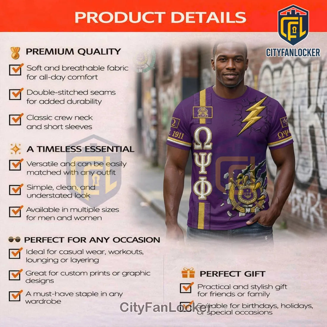 Omega Psi Phi Fraternity 3D Print Purple Gold Lightning Claw Marks T-Shirt