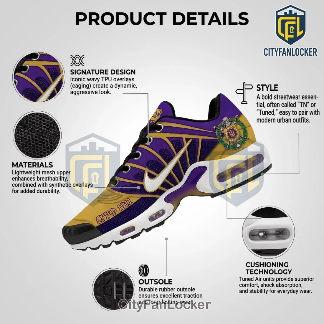 Omega Psi Phi Personalized Purple Gold TN Sneakers