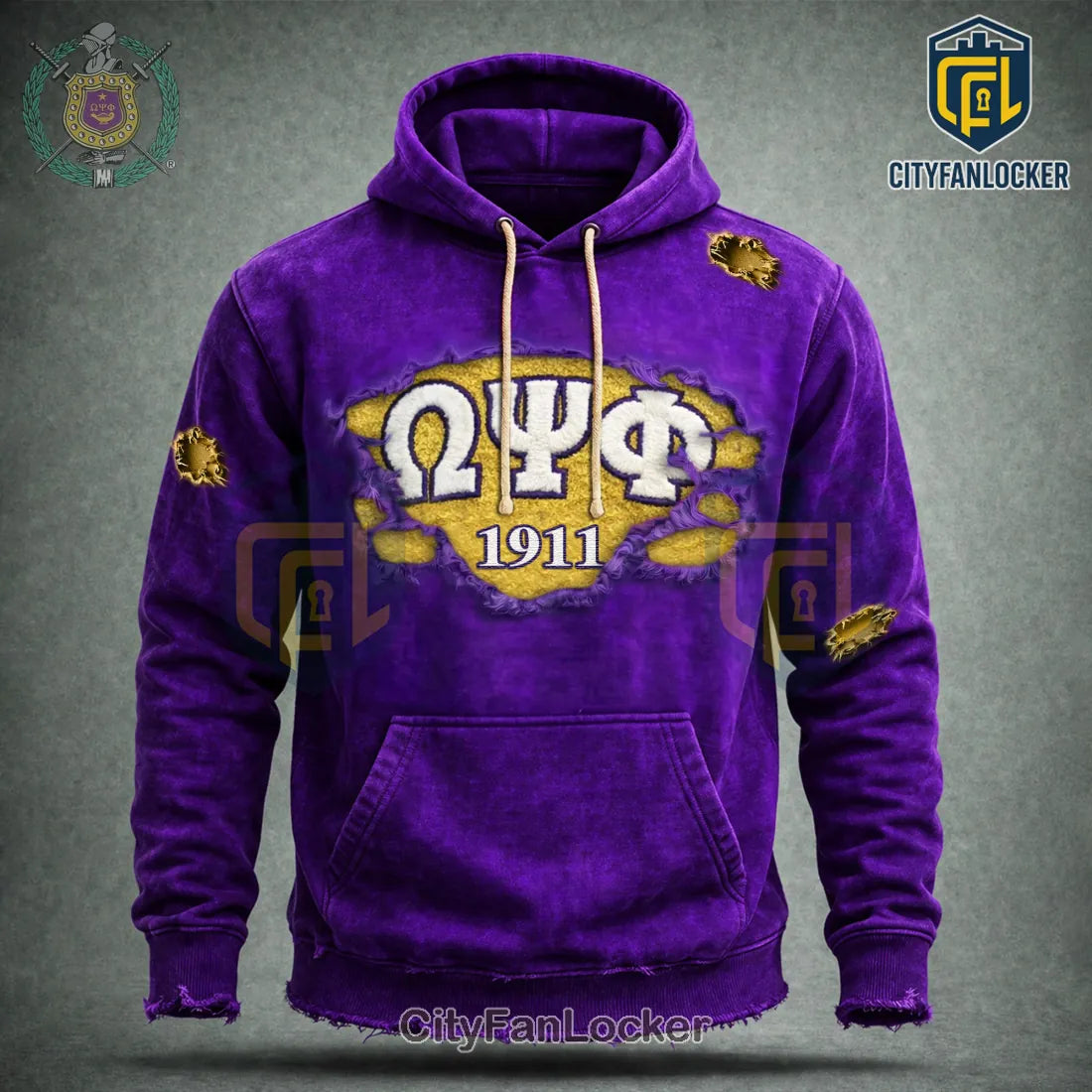 Omega Psi Phi Que Dawg Distressed Purple Vintage Hoodie