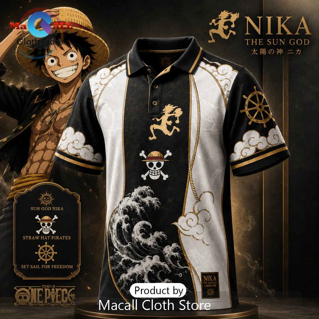 One Piece Luffy Nika Black Gold Polo Shirt